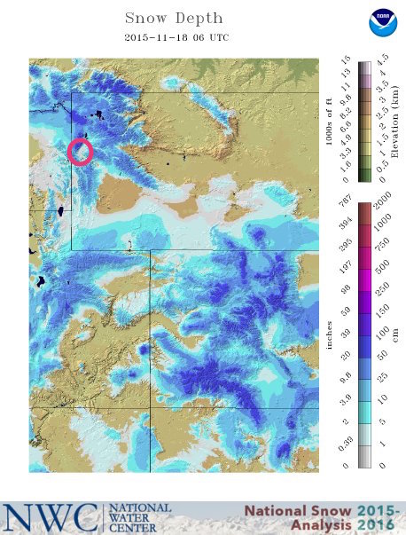 Red Circle = Jackson Hole, WY. Current snow depth in Wyoming.