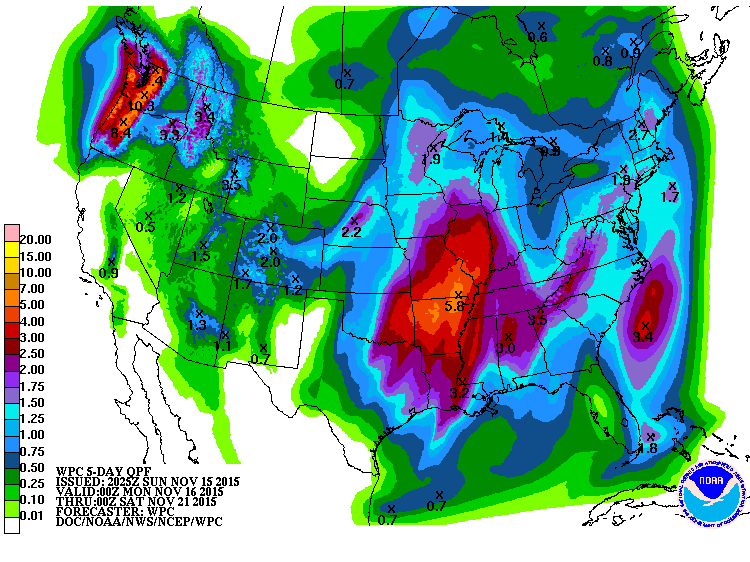 5-day liquid precipitation forecast map showing 1.5 inches for southern Utah which would translate to 18" of snow.