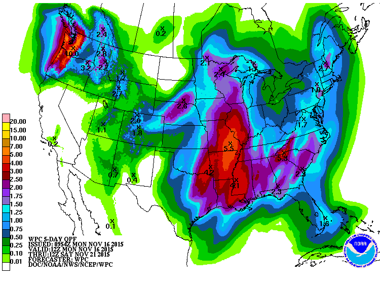 NOAA's 5-day liquid precipitation forecast showing up to 1.8" of liquid for CO which would translate to 20" of snow.