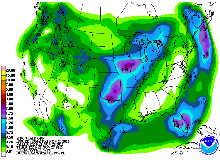 7-day liquid precipitation forecast map showing 0.5" of liquid for Tahoe which would translate to 6" of snow.