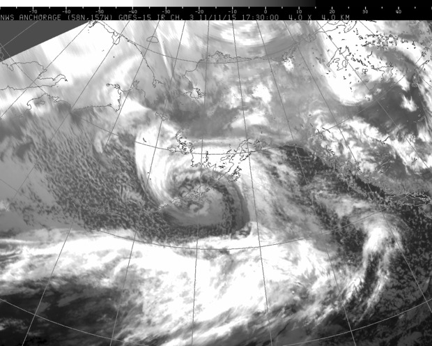 Satellite image of storm in the Gulf of Alaska that is forecast to impact California this week.