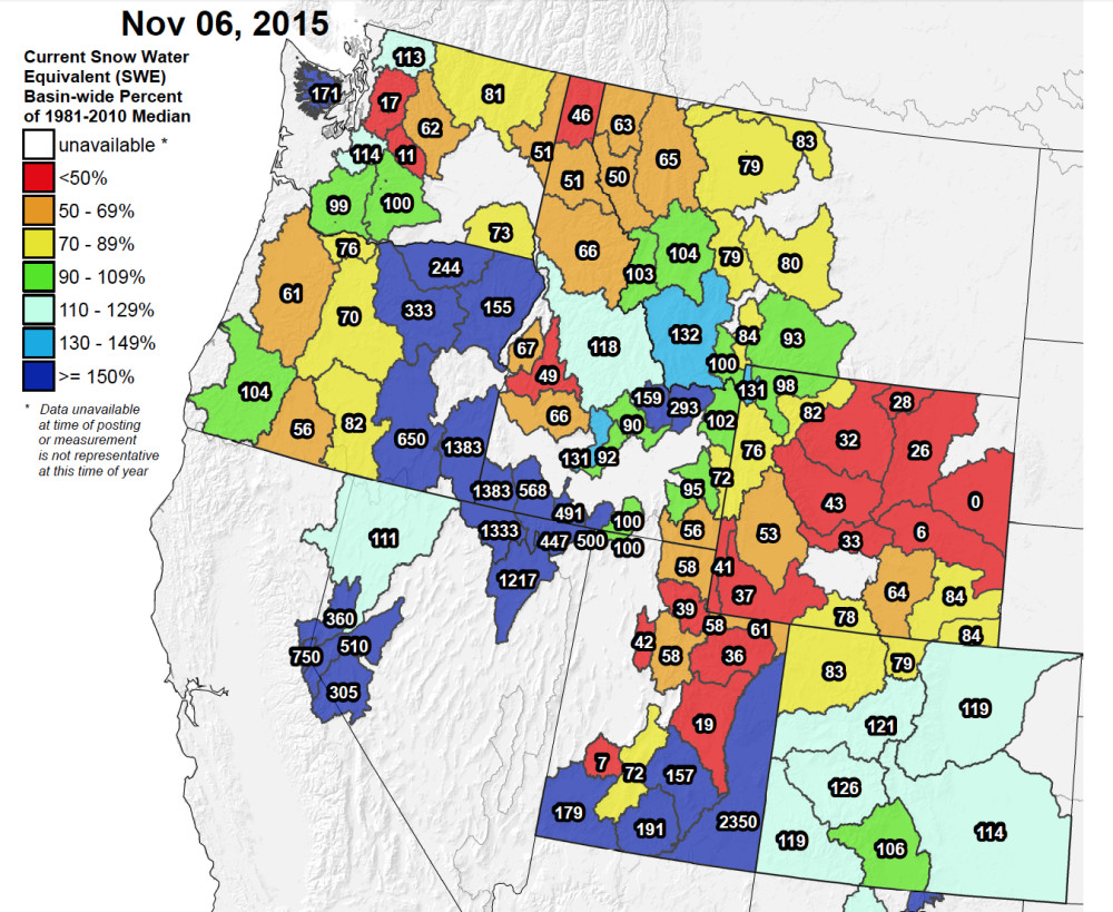 National Water and Climate Center's current snowpack % of average for the Western USA showing Tahoe at 750%
