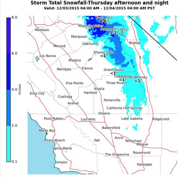 Snow forecast for Mammoth and Yosemite on Thursday showing