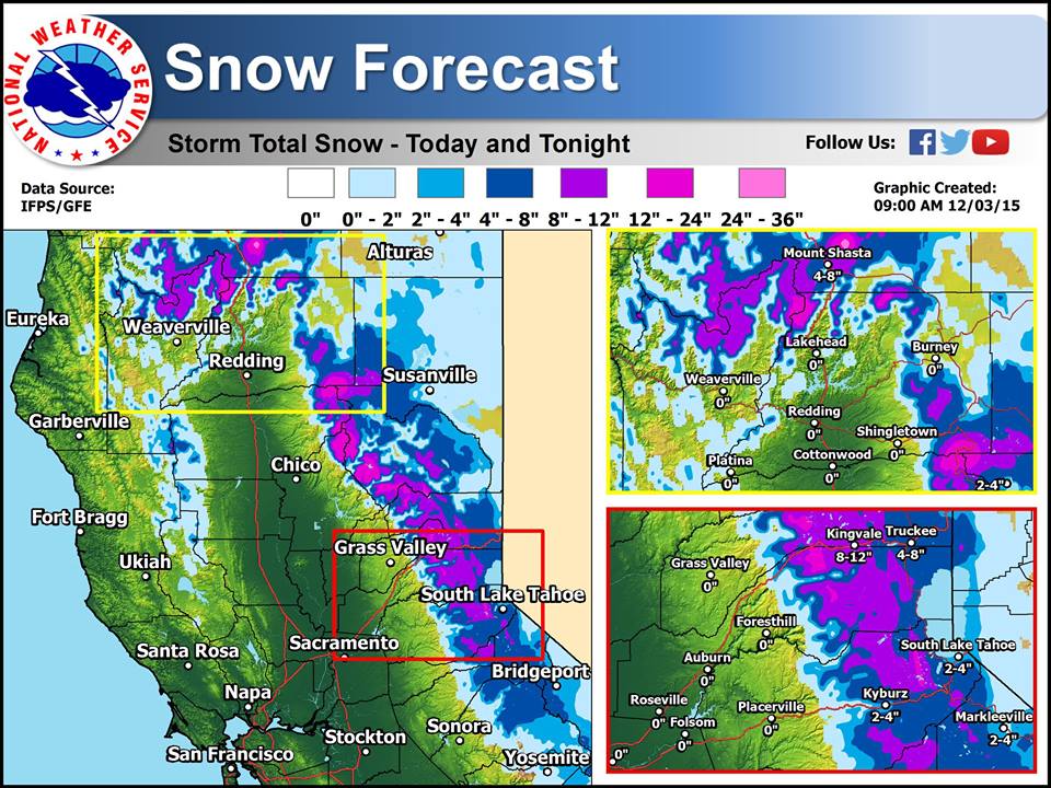 Snowfall forecast map for today in NorCal.  image:  noaa, today