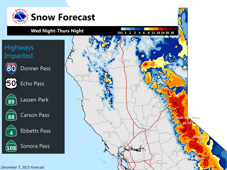 Snow forecast for California Wed-Thurs. BRIGHT RED = 18-24" of snow forecast. DARK RED = 24-30" of snow forecast. image: noaa, today