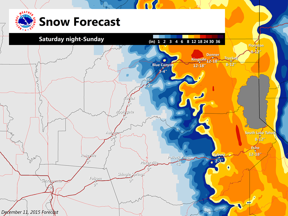 Snow forecast map for Tahoe area on Saturday-Sunday. ORANGE = 12-18" of snow forecast. image: noaa, today