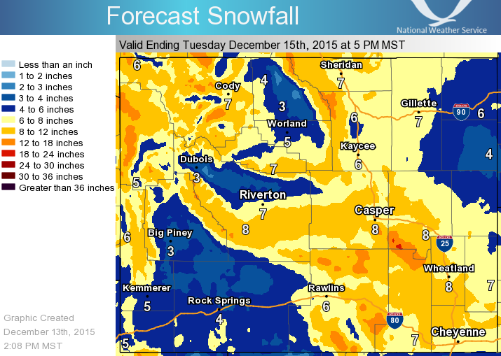 Snowfall forecast map. DULL ORANGE = 