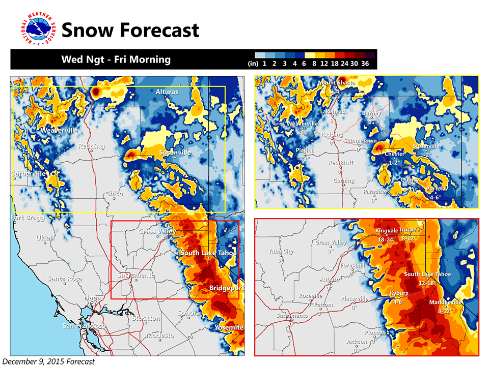 Snow forecast map for NorCal on Thursday.  RED = 12-18" of snow forecast.  ORANGE = 12-18" of snow forecast.