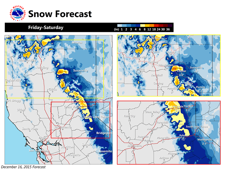 Snowfall forecast map showing 6-12" of snow for Lake Tahoe this weekend.  image:  noaa, yesterday