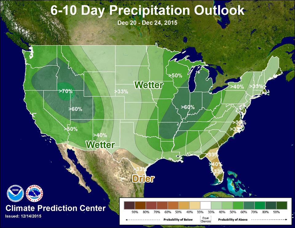 6-10 day precip outlook showing above average precip for California. image: noaa, yesteray