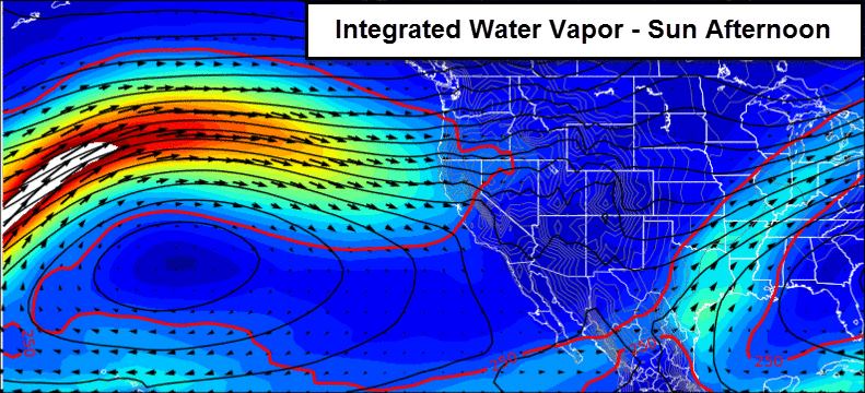 Forecast moisture plume hitting California on Sunday. image: noaa, today