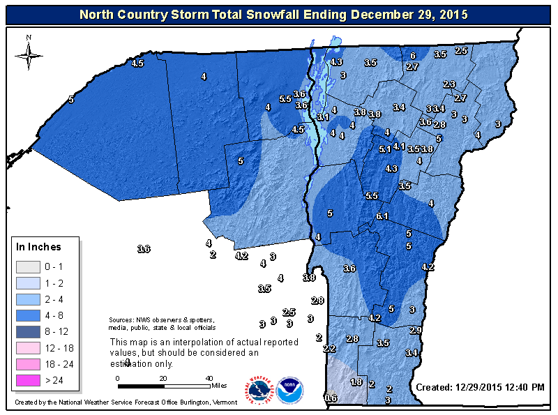 NOAA snowfall totals in Vermont today.  image:  noaa, today