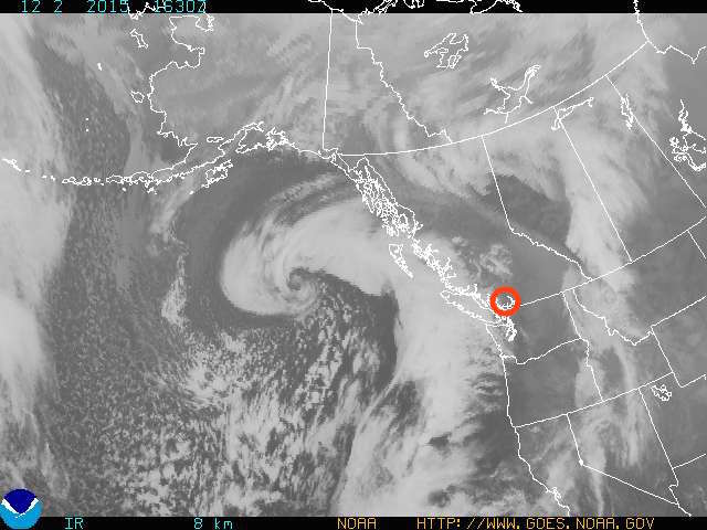 Circle = Whistler, B.C. Just LOOK at all that moisture spinning out on the Pacific ready to slam into Whistler, B.C.... image: noaa, today at 9:30am pst.
