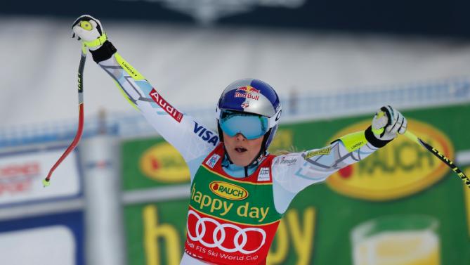 Lindsey celebrating after winning the Super G at Lake "Lindsey", Canada yesterday. photo: AFP