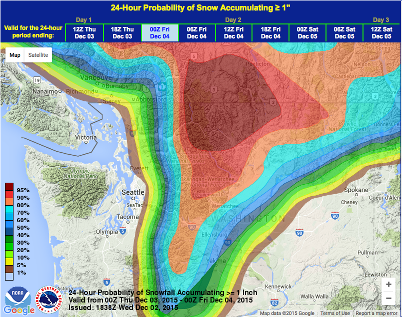 95% chance of snow at Mt. Baker ski area on Thursday/Friday. image: noaa, today