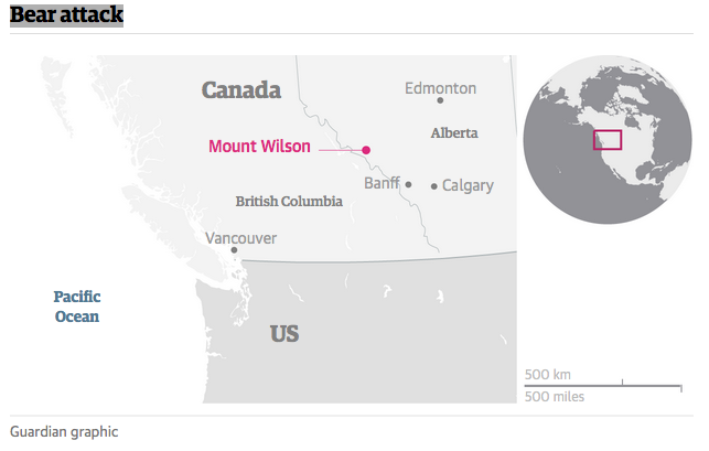 Location of the bear attack in Canada.