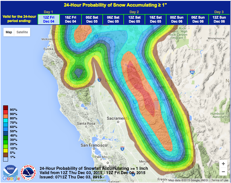 Snowfall probability for NorCal looks good today.  image:  noaa, today