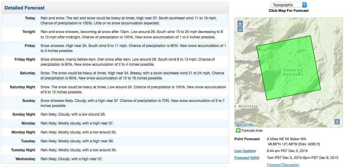 NOAA forecast for Mt. Baker ski area showing 25-45" of snow forecast next 4 days.