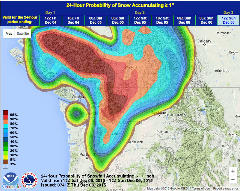 Very high probabillity for snow at Mt. Baker ski area on Saturday/Sunday. image: noaa, today