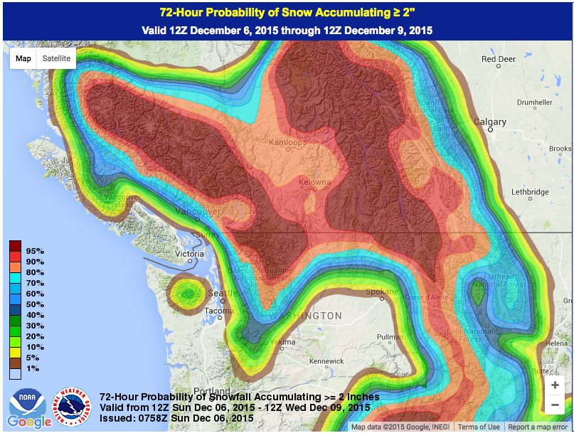 72-hour snow probabilities are high for Washington. image: noaa, today