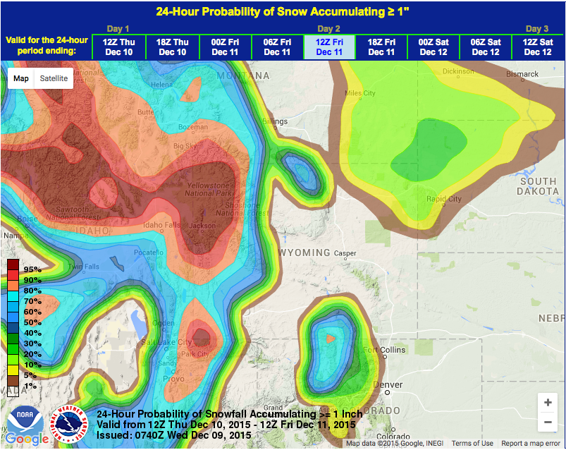Snow probability is high in the Tetons on Thurs-Friday