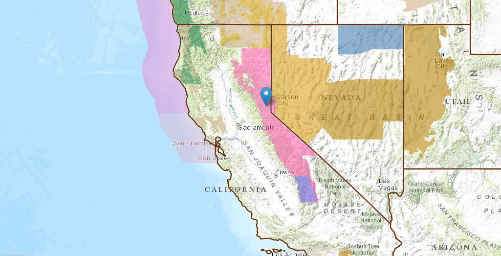 Pin = Squaw Valley.  Pink = Winter Storm Warning.  BLUE = Winter Weather Advisory