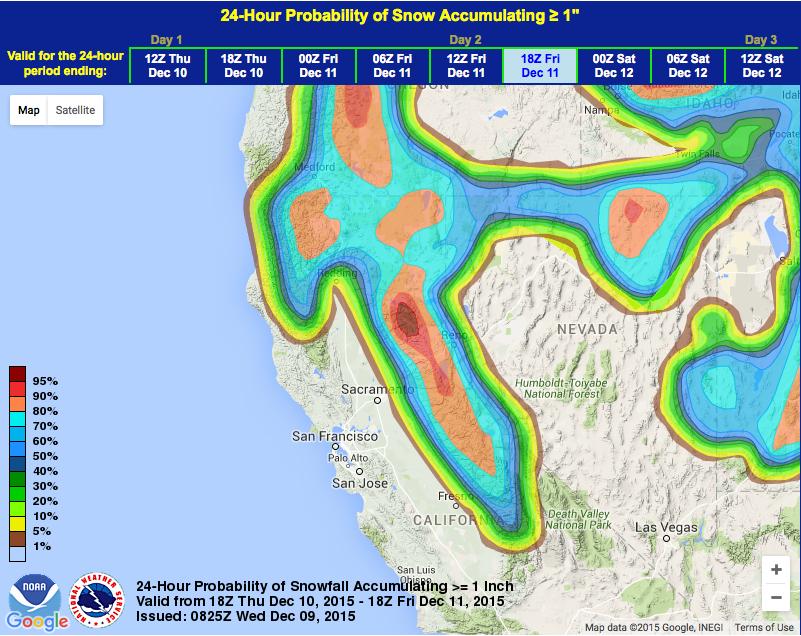 Very high snow probability for California Thurs-Fri. image: noaa, today