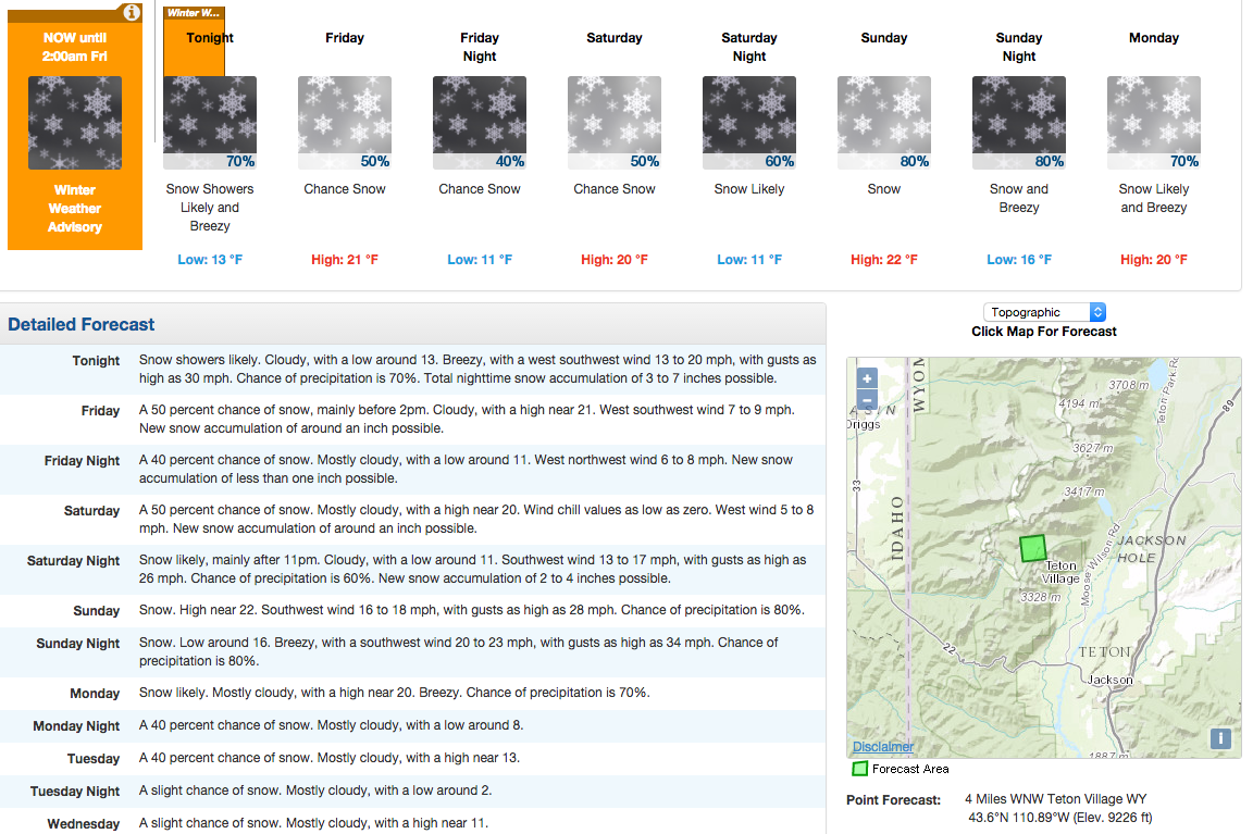 Jackson Hole forecast with snow forecast everyday this week.