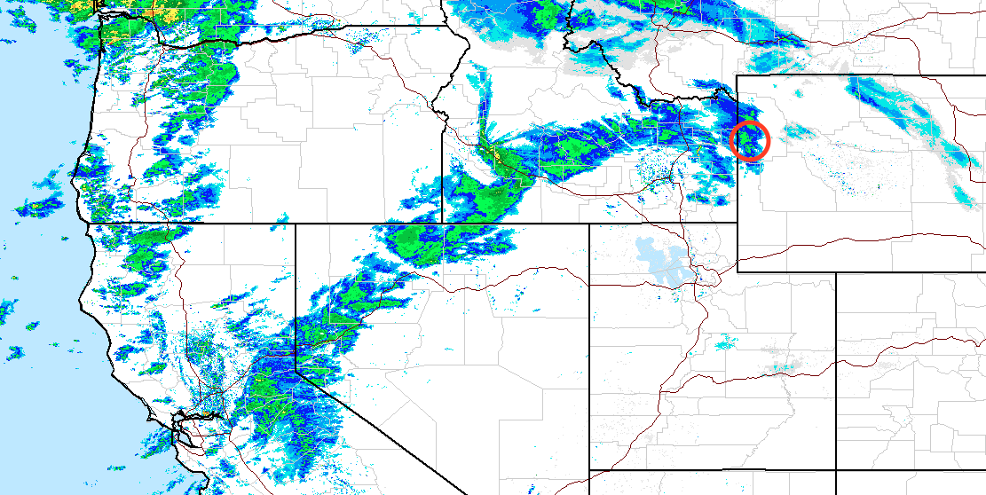 Long stream of moisture pointed straight at Jackson Hole right now. Radar from 10:30am mst today. image: noaa