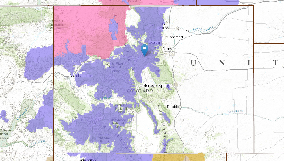 Pin = Arapahoe Basin, CO. PURPLE = Winter Weather Advisory