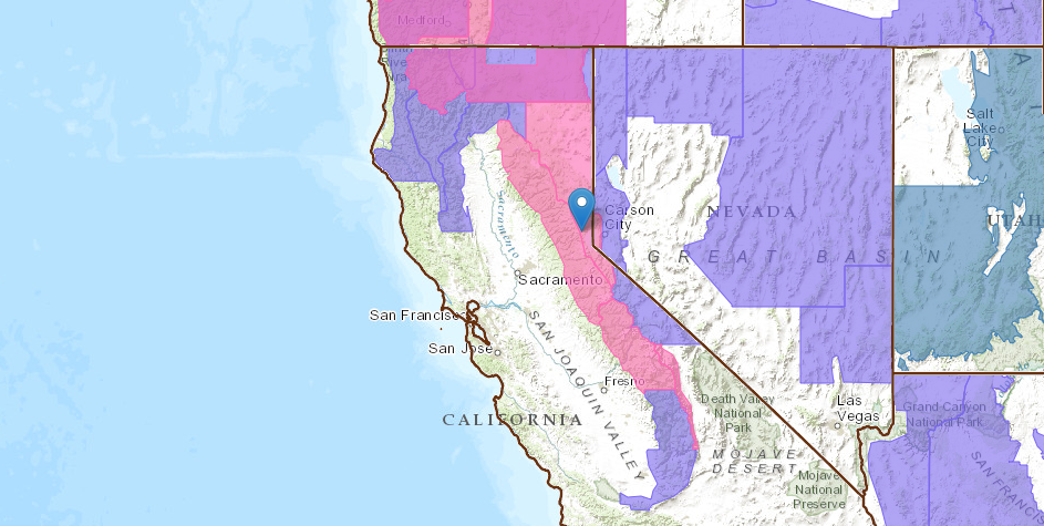Pin = Squaw Valley, CA. PINK = Winter Storm Warning.