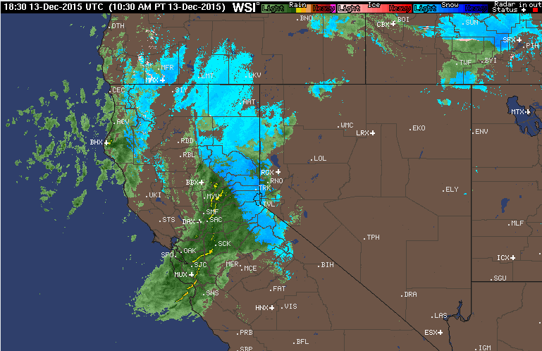 BLUE = Snow. 10:30am radar image of CA.