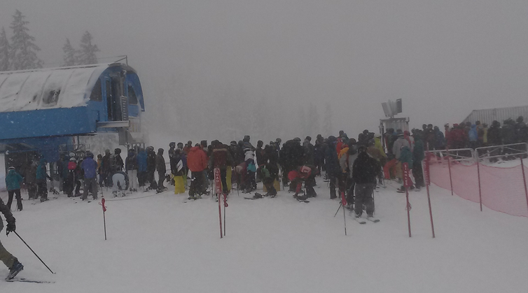 Everyone stoked for powder lined up at Pine Marten for first chair.