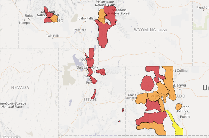 RED = "HIGH" avalanche danger today. image: avalanche.org today