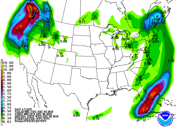 3-day liquid precipitation forecast map showing about 1" of liquid for Tahoe. That would translate to about 12" of snow.
