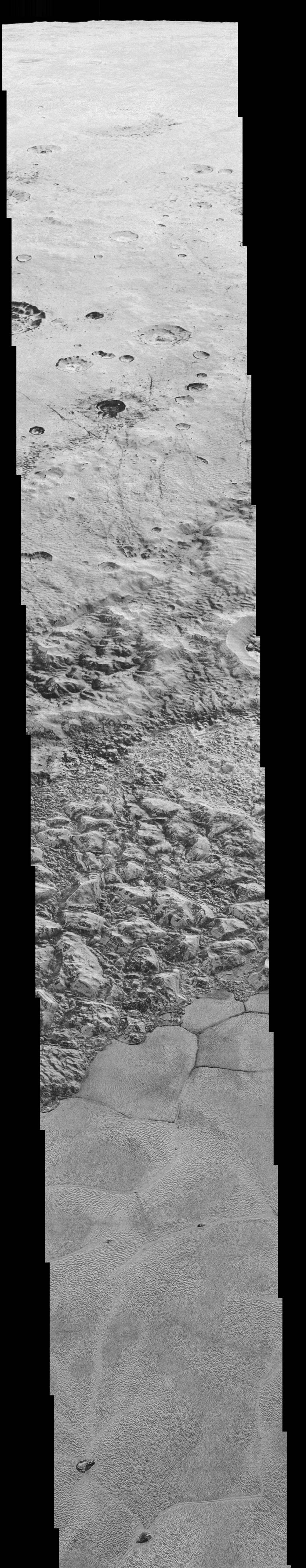 This mosaic is composed of the sharpest views of Pluto that NASA’s New Horizons spacecraft obtained during its flyby on July 14, 2015. The pictures are part of a sequence taken near New Horizons’ closest approach to Pluto, with resolutions of about 250-280 feet (77-85 meters) per pixel – revealing features smaller than half a city block on Pluto’s diverse surface. The images include a wide variety of cratered, mountainous and glacial terrains – giving scientists and the public alike a super-high resolution window to Pluto’s geology. The images form a strip 50 miles (80 kilometers) wide trending from Pluto’s jagged horizon about 500 miles (800 kilometers) northwest of the informally named Sputnik Planum, across the al-Idrisi mountains, onto the shoreline of Sputnik Planum and across its icy plains. They were made with the telescopic Long Range Reconnaissance Imager (LORRI) aboard New Horizons, over a timespan of about a minute centered on 11:36 UT on July 14 – just about 15 minutes before New Horizons’ closest approach to Pluto –from a range of just 10,000 miles (17,000 kilometers). Credit: NASA/JHUAPL/SwRI