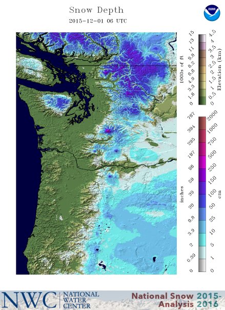 Current snow depths in WA and OR. Most snow in northern WA right now.