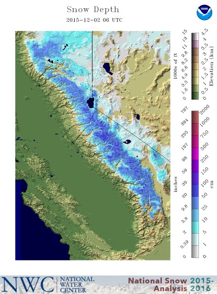 Current snow depth in California showing 20-40" depths in most the Sierra Nevada.  image: ncis, today