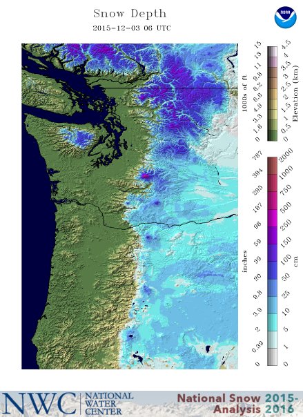 Current snow depth in Washington & Oregon. Mt. Baker area has the most snow by far.