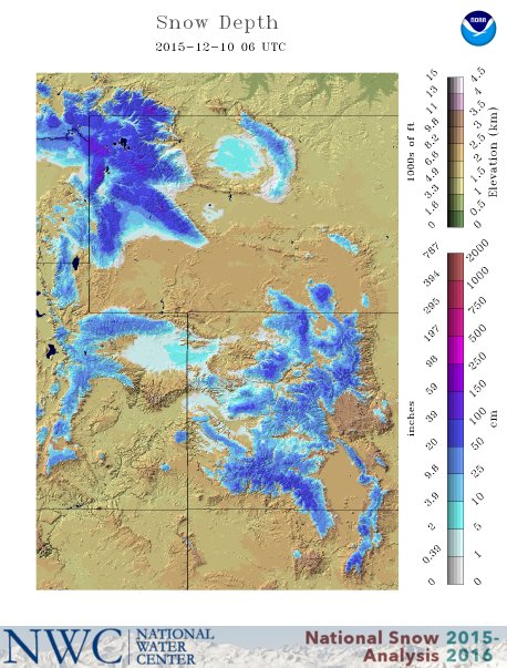 Current snow depth map showing WY doing well. image: nwc, today