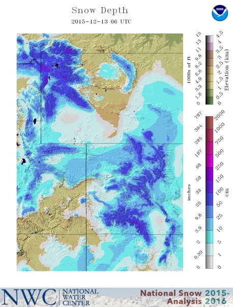Snow depth map showing good snowpack in Colorado. image: noaa, today