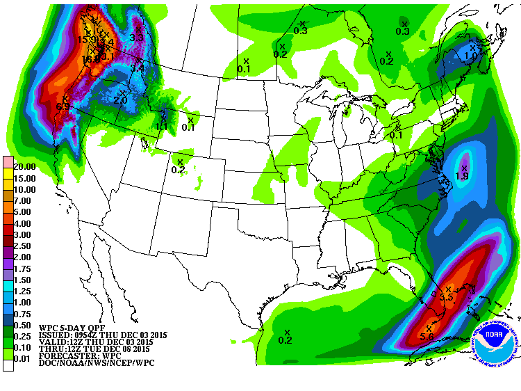 5-day liquid precipitation forecast map showing 13" of precipitation for the Mt. Baker ski area region. If that was all snow, it would translate to about 13 feet of snow. Snow levels will be high at times, however.