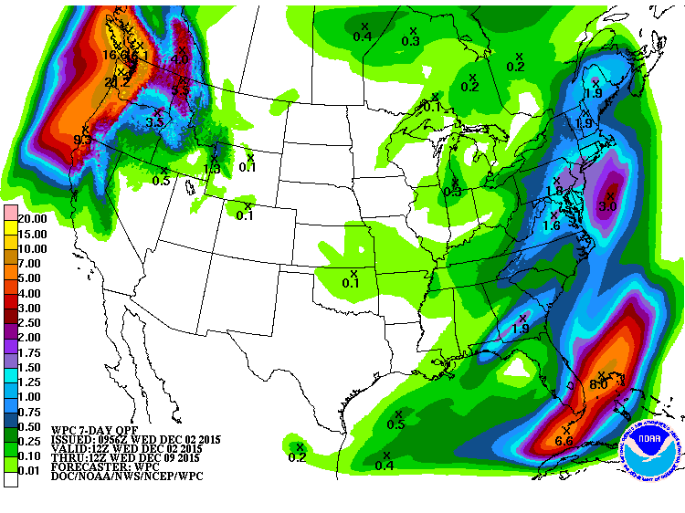 7-day liquid precipitation forecast map showing 16" of liquid precip. for Whistler in the next 7 days. That would translate to 16-feet of snow...