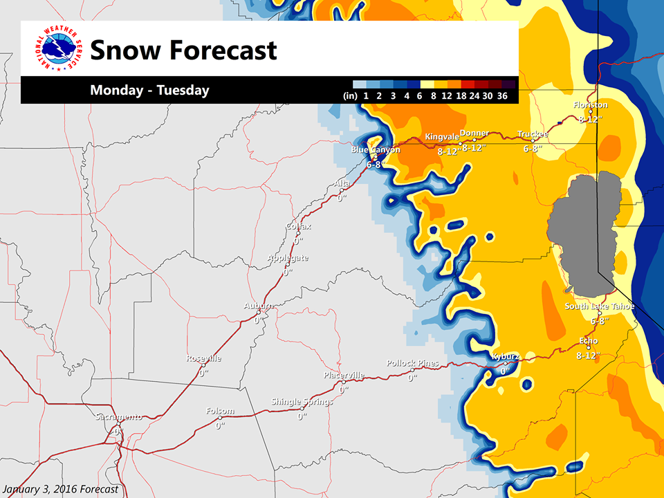 Snow forecast map for Monday-Tuesday in Tahoe. ORANGE = 8-12"