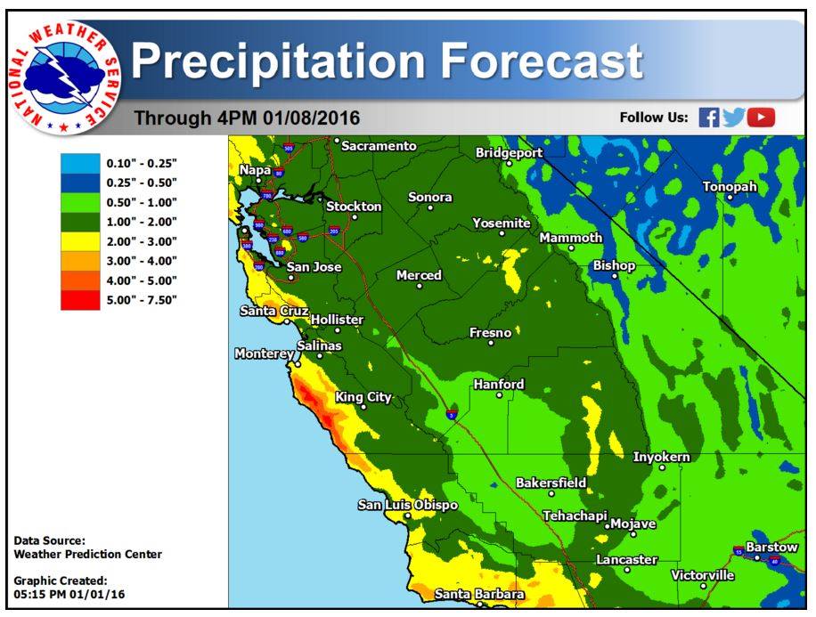 NOAA precip forecast map showing .5-1" of precip for Mammoth which would translate to 6-12" of snow. image: noaa, yesterday