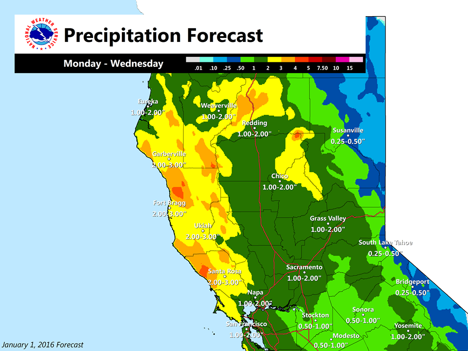 NOAA precip forecast map showing .5-1" of precip for Tahoe which would translate to 6-12" of snow. image: noaa, yesterday