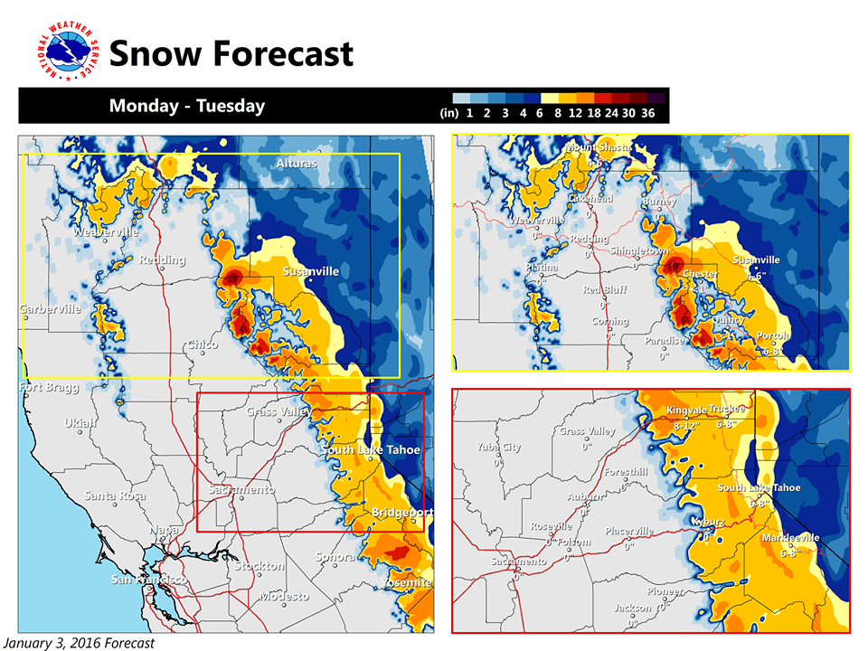 Snow forecast map for Monday-Tuesday in CA.  ORANGE = 8-12"