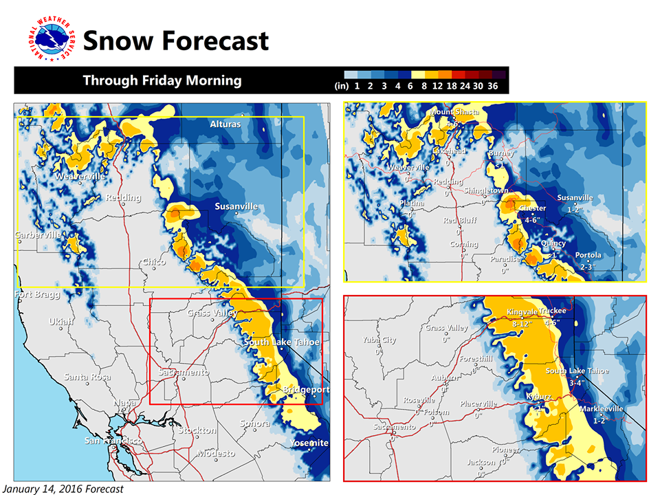 Snowfall forecast map for tonight/tomorrow. image: noaa, today