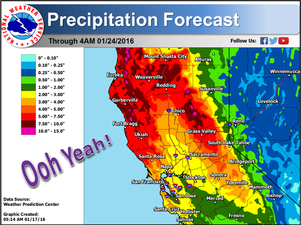 NOAA calling for up to 10" of liquid precipitation in spots in CA next 8 days.  image:  noaa, today