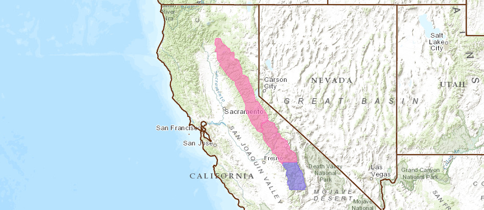 PINK = Winter Storm Warning.  BLUE = Winter Storm Watch.  image:  noaa, today
